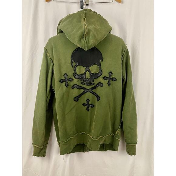 Affliction Green Skull Hoodie Full Zip Light Jacket M Grunge Y2K Distressed Mens - Picture 11 of 16